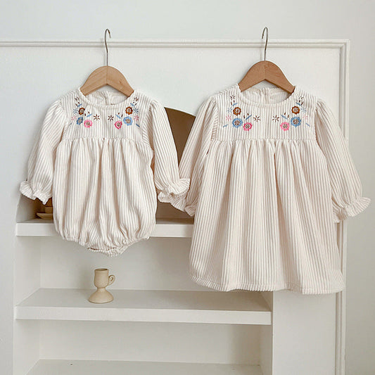 Baby Onesies or Dress For Girls With Long Sleeves And Embroidered Flowers