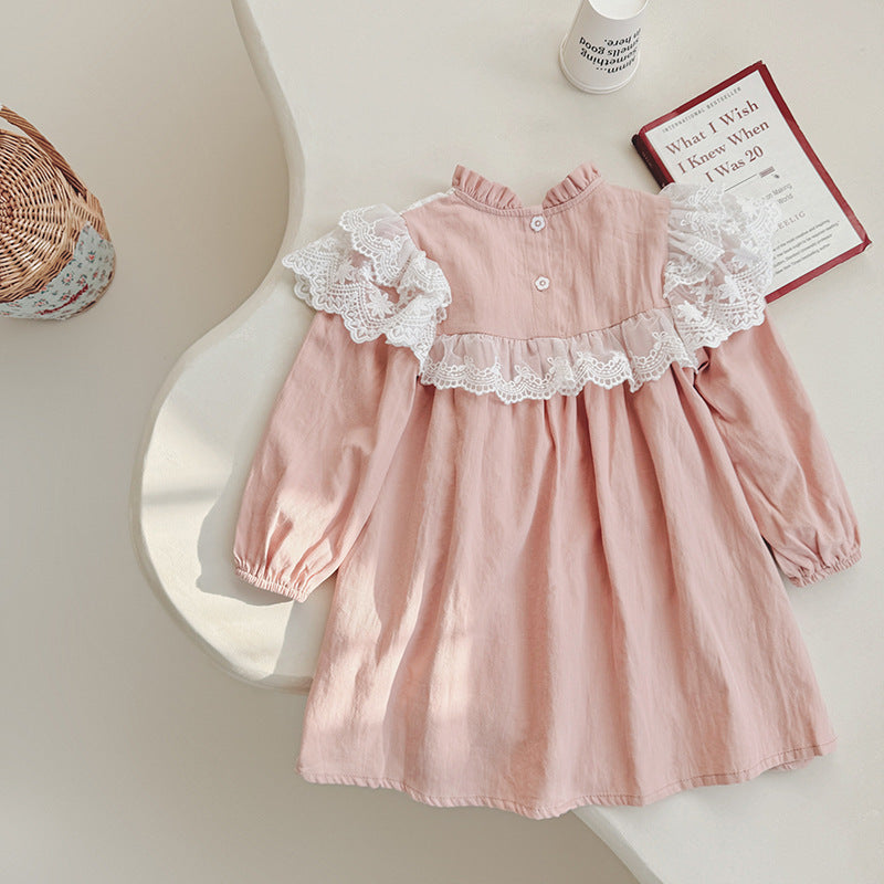 Arrival Autumn Girls Floral Embroidery Pattern Long Sleeves Ruffle Neck Dress