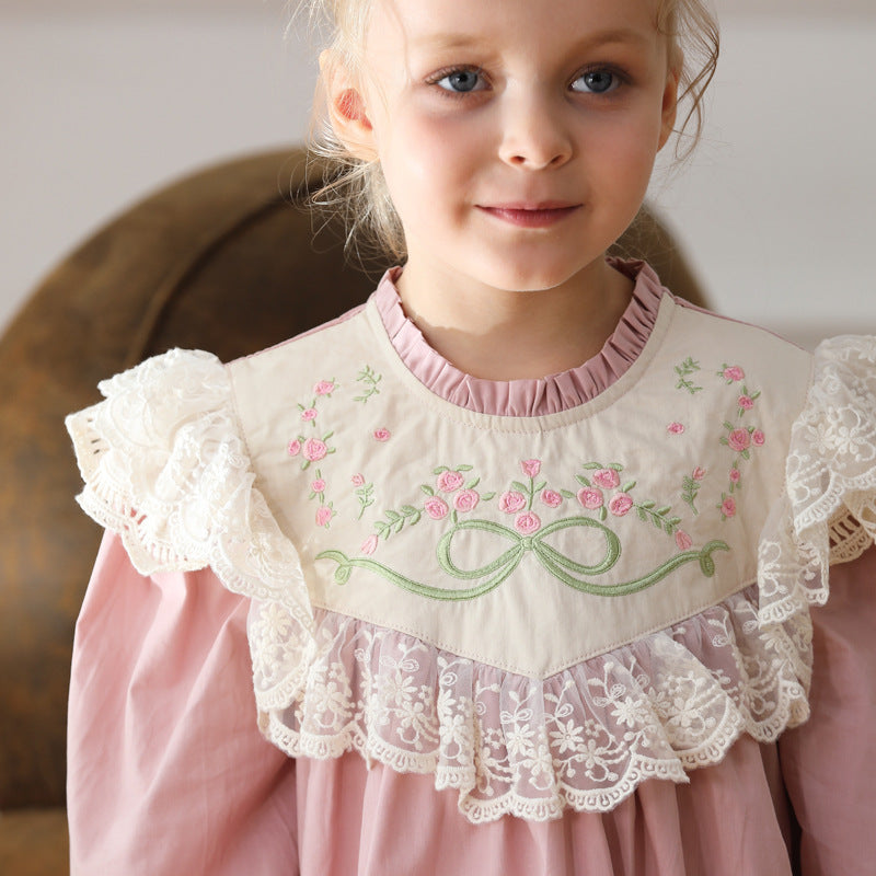 Design Autumn Girls Flowers Embroidery Pattern Long Sleeves French Style Lace Trim Dress