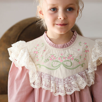 Design Autumn Girls Flowers Embroidery Pattern Long Sleeves French Style Lace Trim Dress