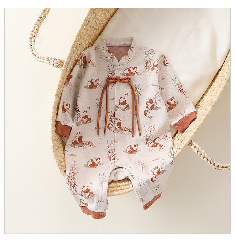 Autumn and Spring Arrival Baby Unisex Chinese Painting Pattern Long Sleeves Stand Collar Single Breasted Rompers