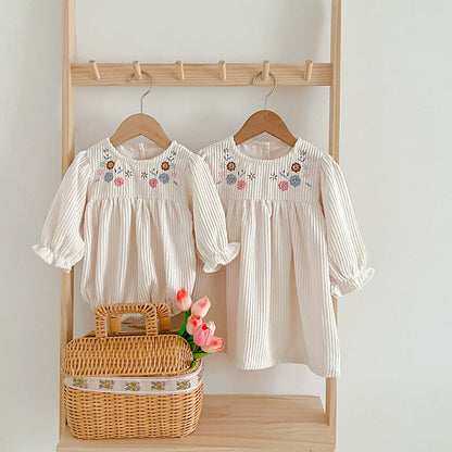 Baby Onesies or Dress For Girls With Long Sleeves And Embroidered Flowers
