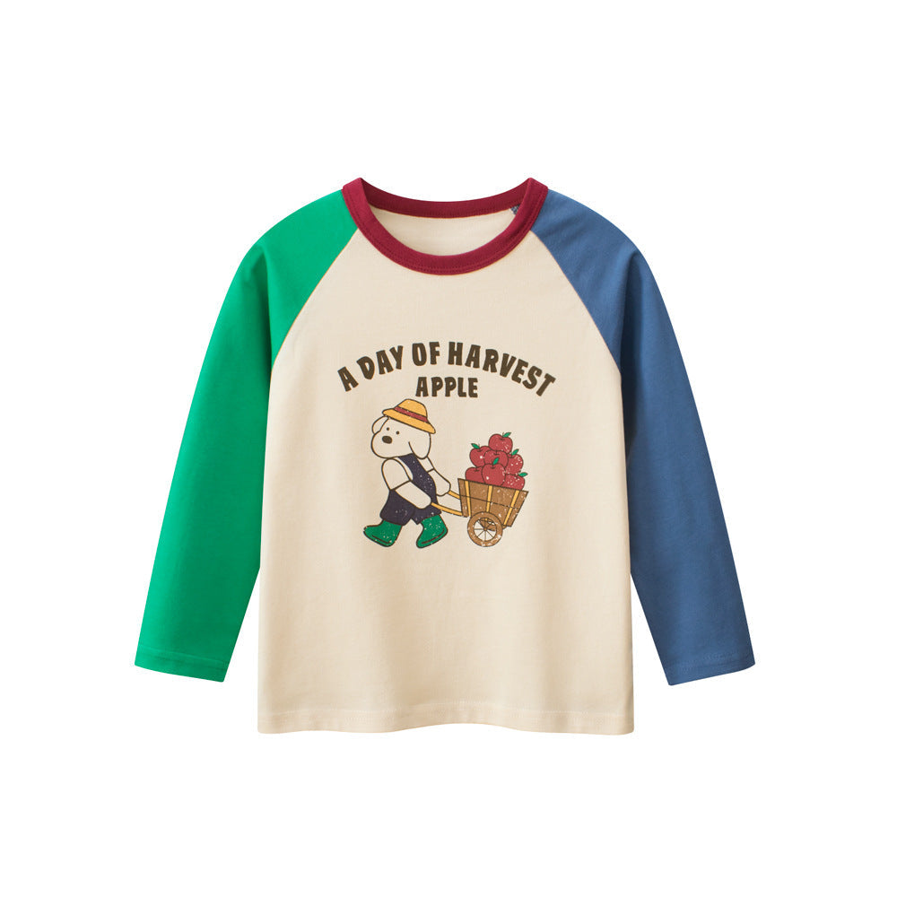 Arrival Kids Girls Cartoon Print Crew Neck Long Sleeves Color Patchwork Top-1