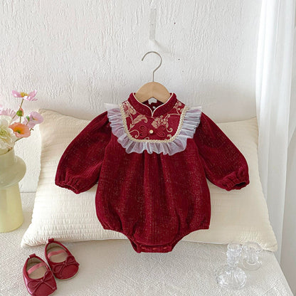 Autumn Arrival Baby Girls Long Sleeves Vintage Flowers Pattern Red Onesies