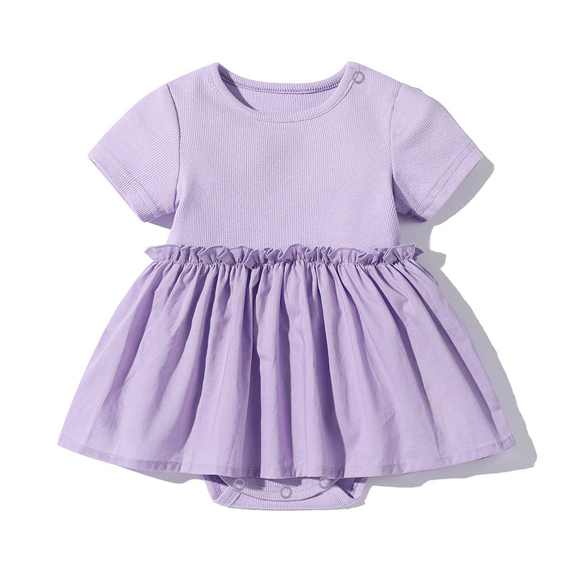 Baby Girls Solid Color Wooden Ear Design Short-Sleeved Dress Onesies In Summer
