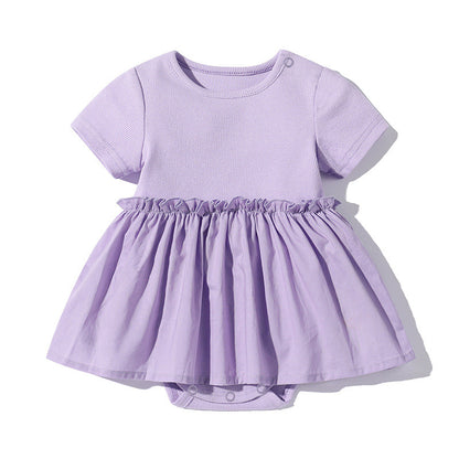 Baby Girls Solid Color Wooden Ear Design Short-Sleeved Dress Onesies In Summer