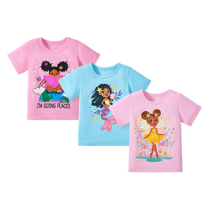 Kids’ Mermaid Cartoon Pattern Short Sleeves T-shirt in European and American Style for Summer