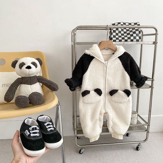 Autumn and Winter Arrival Baby Unisex Simple Panda Pattern Long Sleeves Cozy Rompers-0
