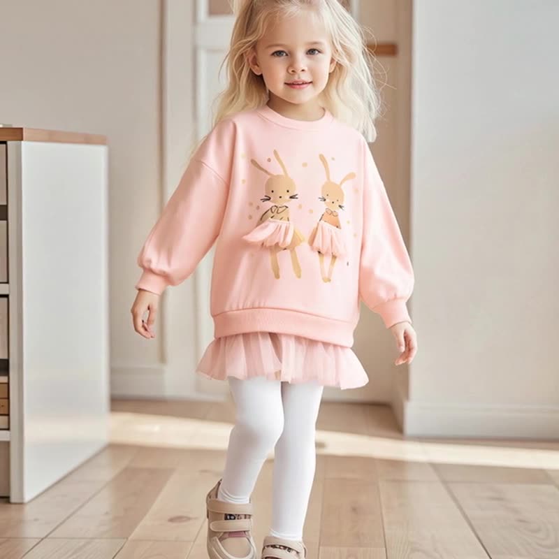 Spring and Autumn Girls Rabbits Cartoon Pattern Long Sleeves Sweatshirt and White Pants Clothing Set
