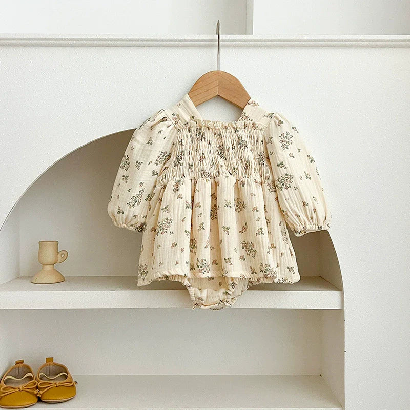 Autumn Baby Girls Flowers Pattern Long-sleeved Square Neck Onesies and Dress – Princess Sister Matching Set