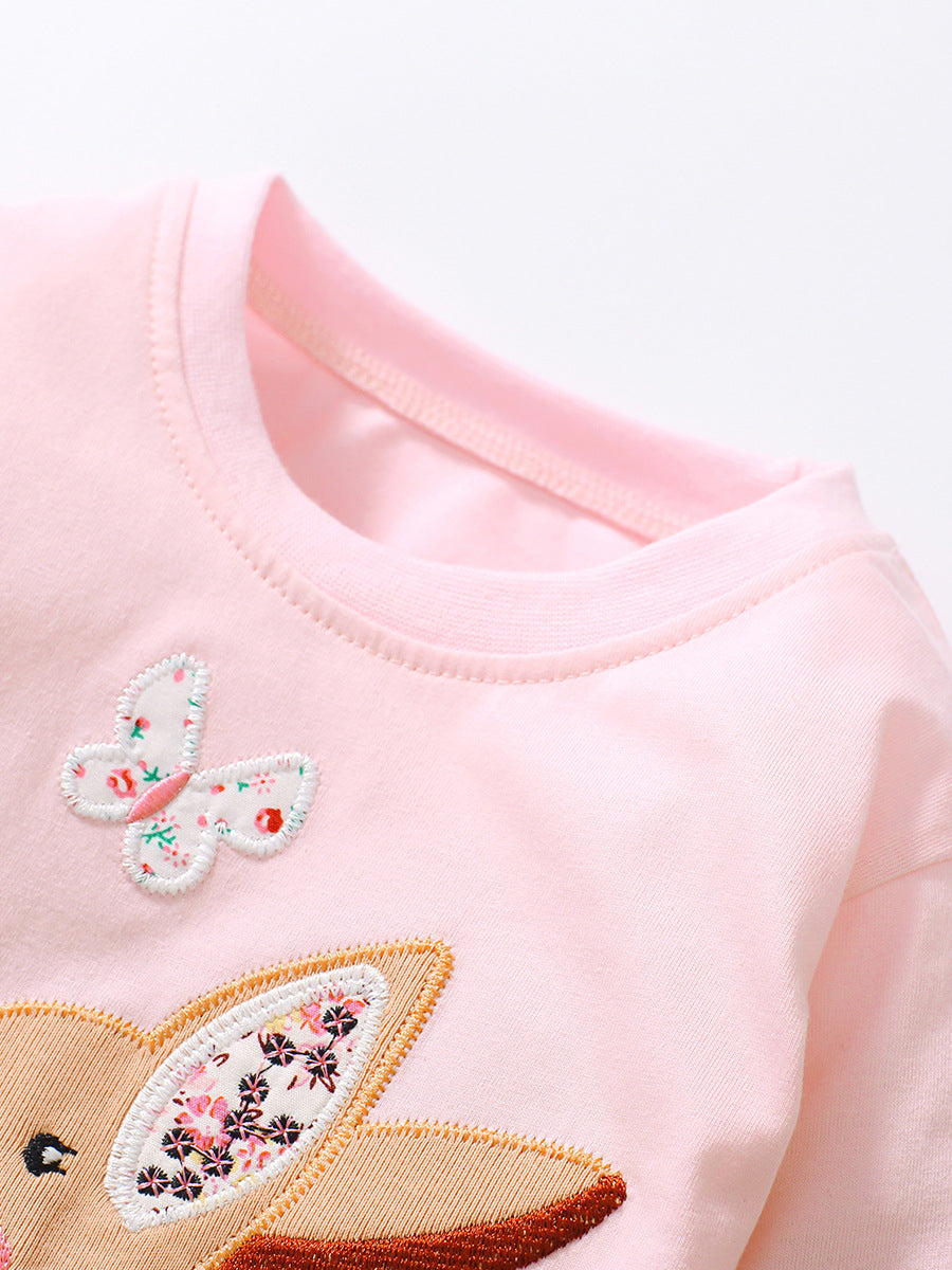 Baby Girls Kids Deer Cartoon Embroidery Long Sleeve Top Pullover