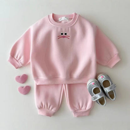 Autumn Baby Kids Unisex Casual Cartoon Face Embroidered Pattern Long Sleeves Top Pullover and Pants Clothing Set