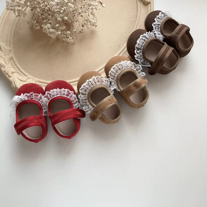 Spring and Autumn Baby Girl Fashion Lace Trim Decorated Toddler Soft-Sole Anti-slip Walking Shoes