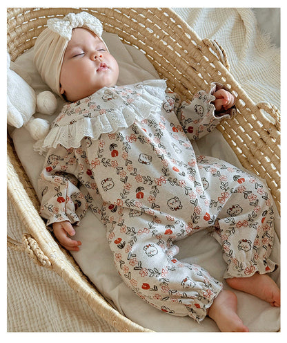Autumn and Spring Arrival Baby Girls Simple Floral Pattern Long Sleeves Rompers