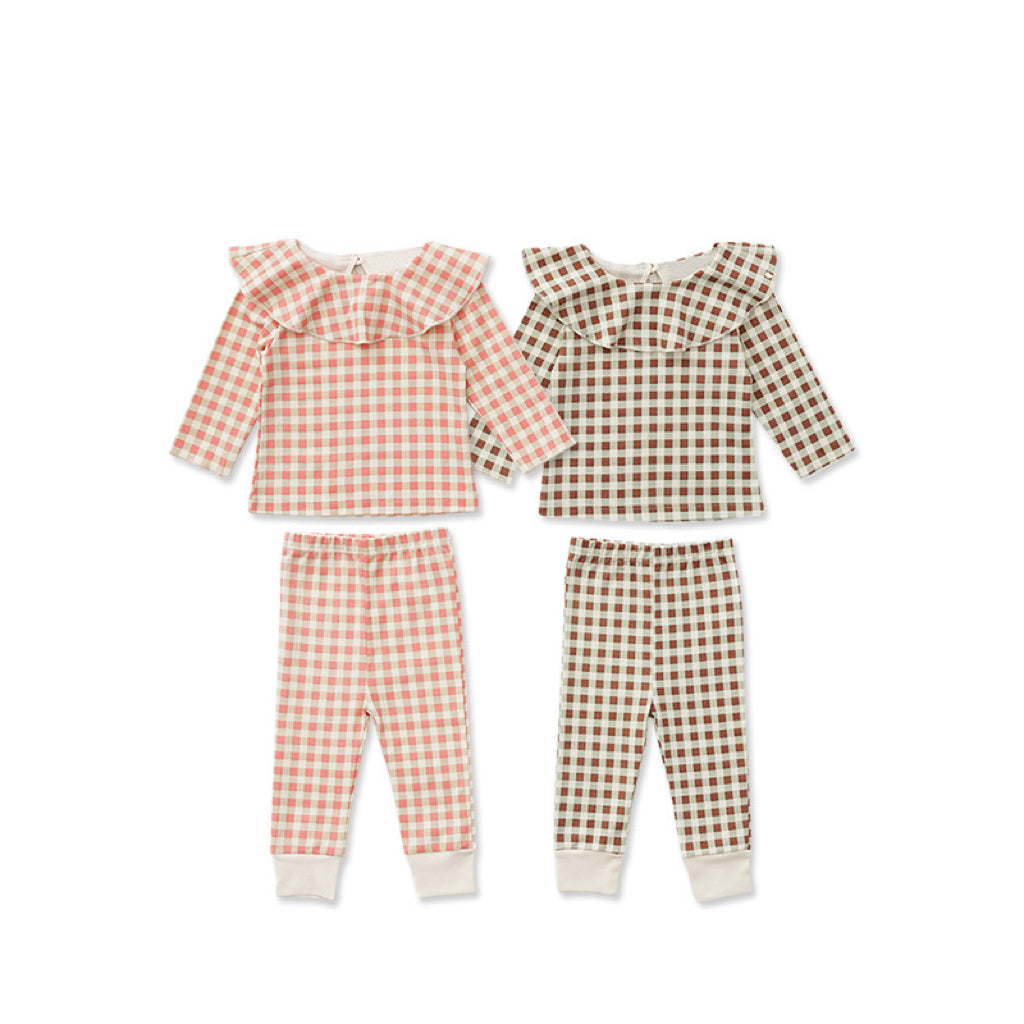 Baby Cartoon & Plaid Pattern Ruffle Neck Design Long Sleeve Sets-1