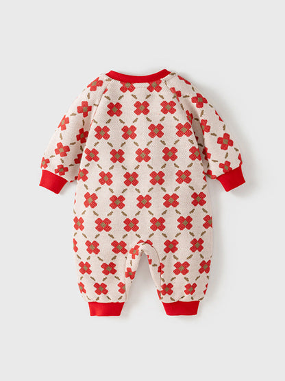 Spring Baby Girl Red Floral Knitted Home Clothes Crew Neck Romper