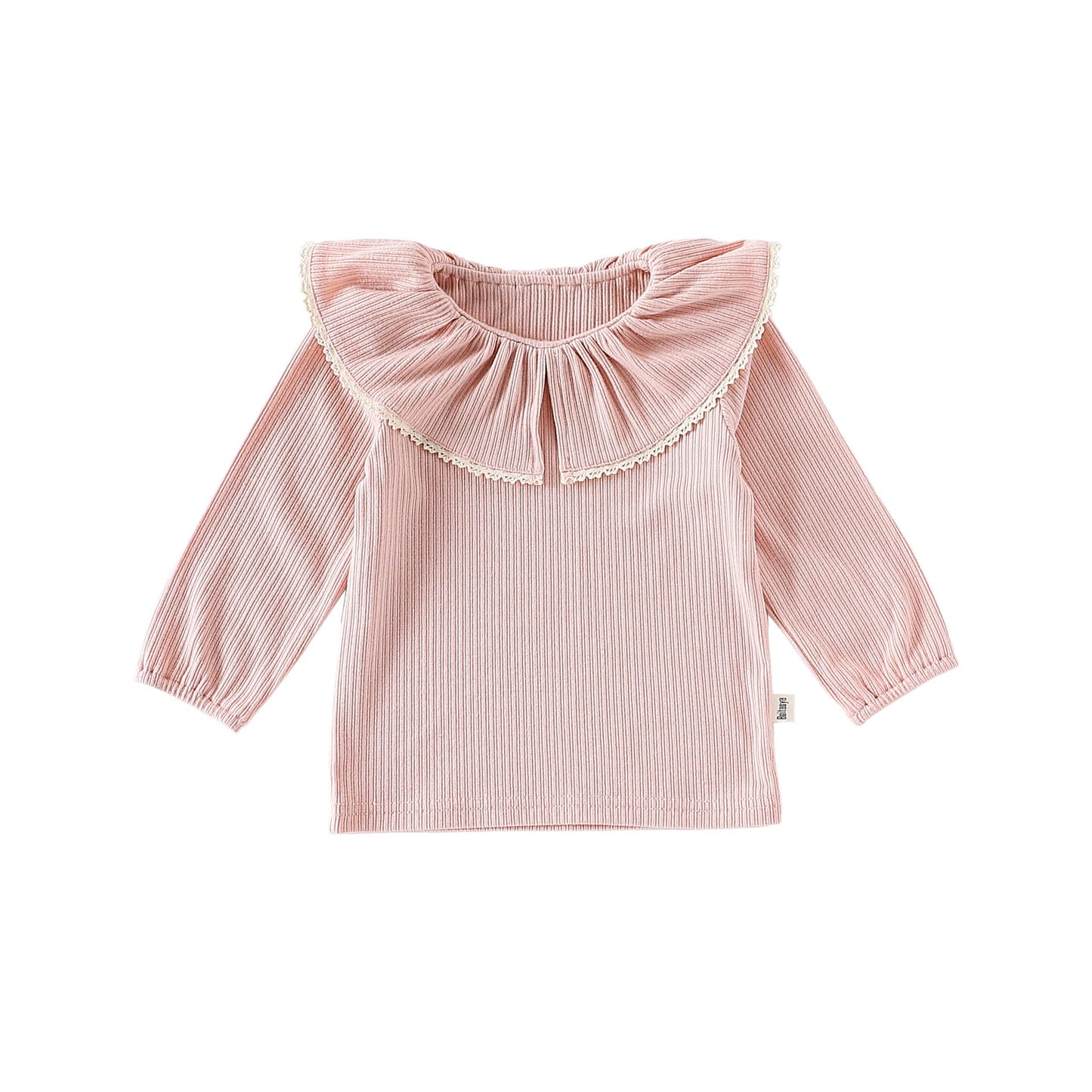 Autumn Arrival Baby Girls Solid Color Lace Trim Collar Long Sleeves Top-2