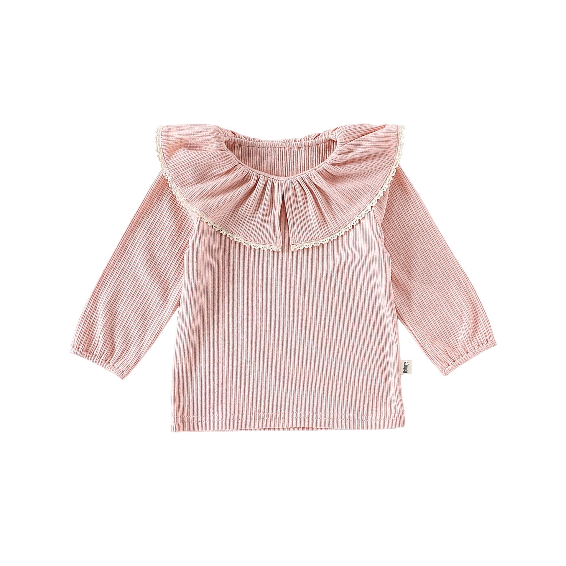 Autumn Arrival Baby Girls Solid Color Lace Trim Collar Long Sleeves Top-2