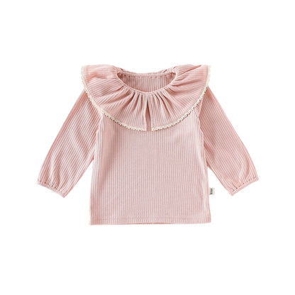 Autumn Arrival Baby Girls Solid Color Lace Trim Collar Long Sleeves Top-2