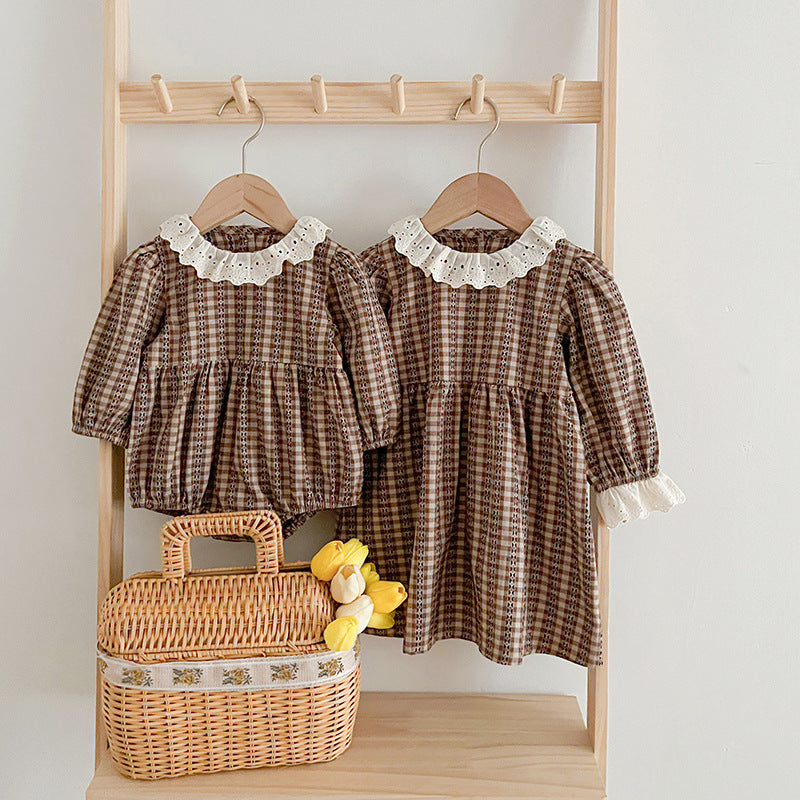 New Spring/Autumn Baby Vintage Plaid Onesies And Dress For Girls With Long Sleeves – Family Sister Matching Set