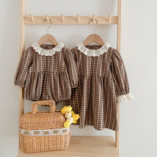 New Spring/Autumn Baby Vintage Plaid Onesies And Dress For Girls With Long Sleeves – Family Sister Matching Set
