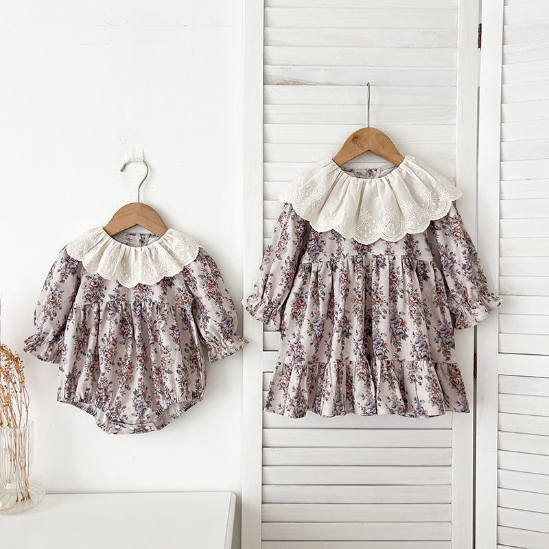 Spring Baby Girls French-style Floral Printed Long-sleeved Onesies and Dress – Princess Sister Matching Set-0