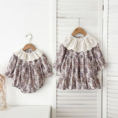 Spring Baby Girls French-style Floral Printed Long-sleeved Onesies and Dress – Princess Sister Matching Set-0