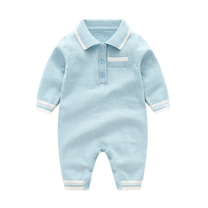 Baby Solid Color Quarter Button Design Lapel Knitted College Style Rompers