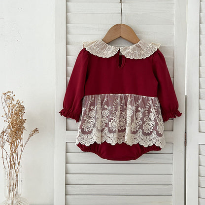Autumn Arrival Baby Girls Long Sleeves Hollow-out Collar Tulle Patchwork Onesies