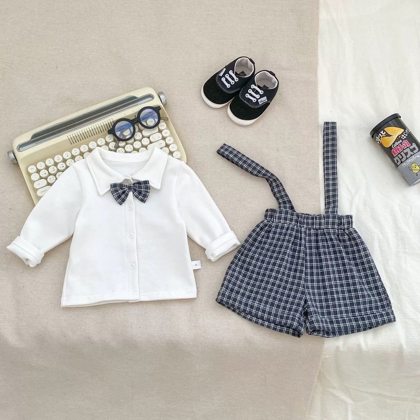 Spring and Autumn Baby Kids Boys Butterfly-bow Decorated Shirt and Sleeveless Plaid Strap Overalls Clothing Set
