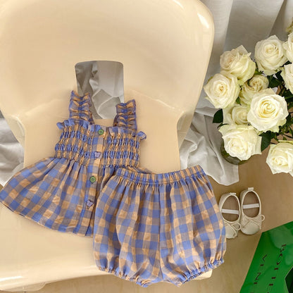 Baby Plaid Pattern Sling Blouses With Shorts Summer Sets
