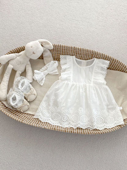 New Design Summer Girls Floral Embroidered Hollow Out Short Sleeves Onesies Dress