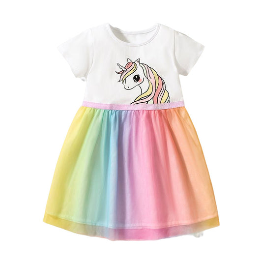 Baby Girls Short Sleeves Unicorn Printing Tulle Dress