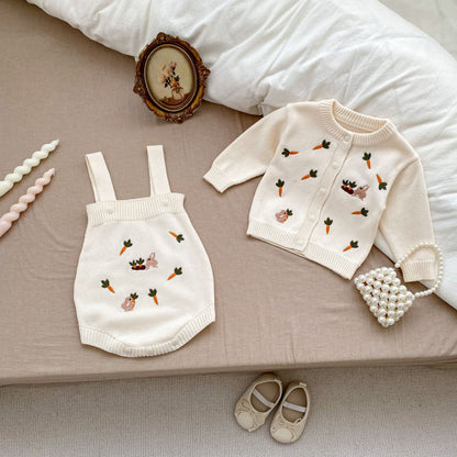 Arrival Autumn Baby Unisex Long Sleeves Cartoon Rabbits Embroidery Pattern Knitted Cardigan and Sleeveless Strap Bodysuits – Clothing Set-0