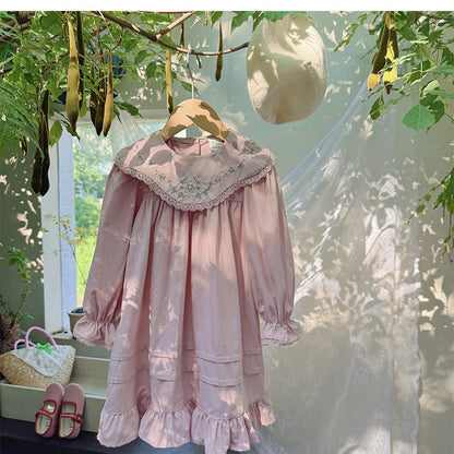 Arrival Girls Autumn French Flowers Embroidered Pattern Long Sleeves Dress