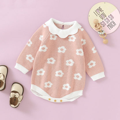 Baby Girl Floral Pattern Big Ruffle Collar Knit Cute Onesies