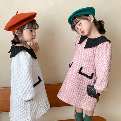 Arrival Autumn Girls French Fashion Argyle Pattern Long Sleeves Dress with Collar