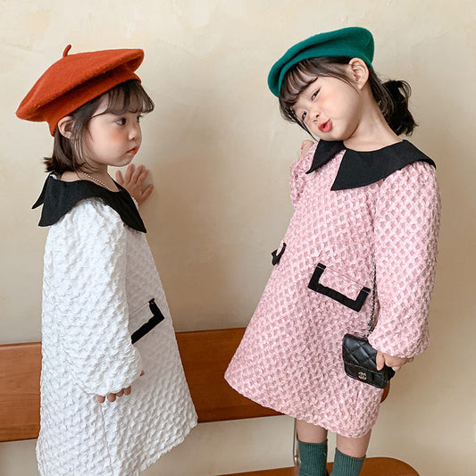 Arrival Autumn Girls French Fashion Argyle Pattern Long Sleeves Dress with Collar