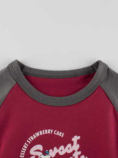 Autumn Arrival Kids Girls Cartoon Print Crew Neck Long Sleeves Color Patchwork Shirt