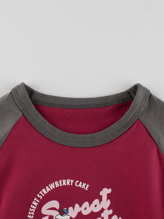 Autumn Arrival Kids Girls Cartoon Print Crew Neck Long Sleeves Color Patchwork Shirt