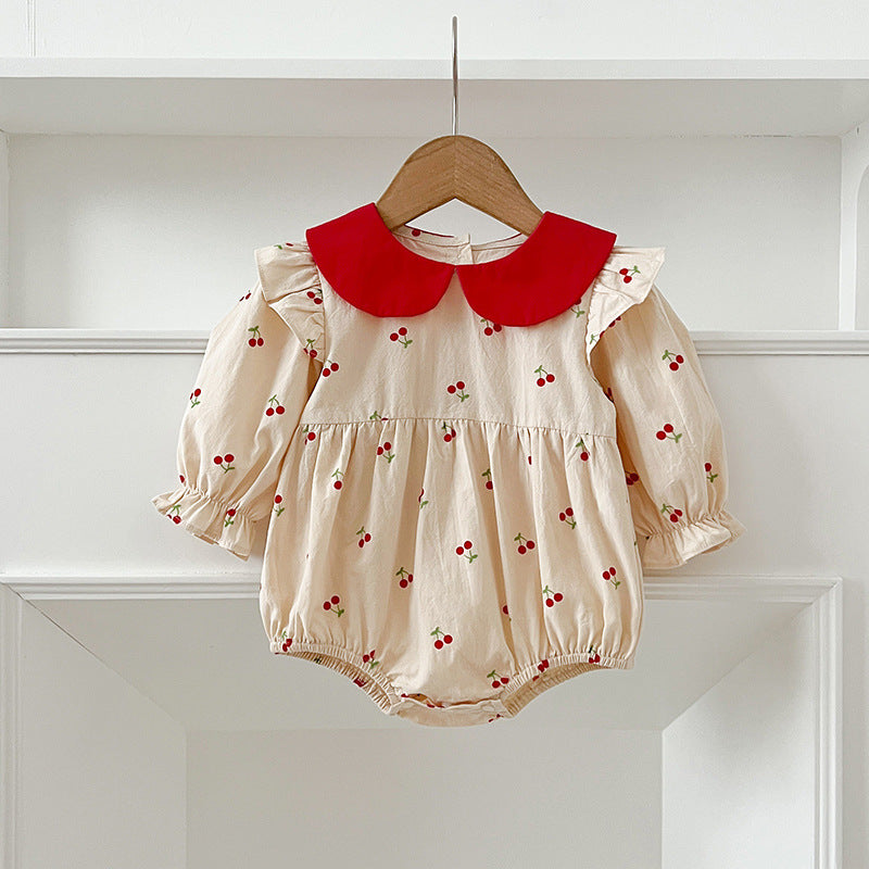 Arrival Autumn Baby Kids Girls Long Sleeves Cherry Pattern Peter Pan Collar Onesies and Dress – Princess Sister Matching Set