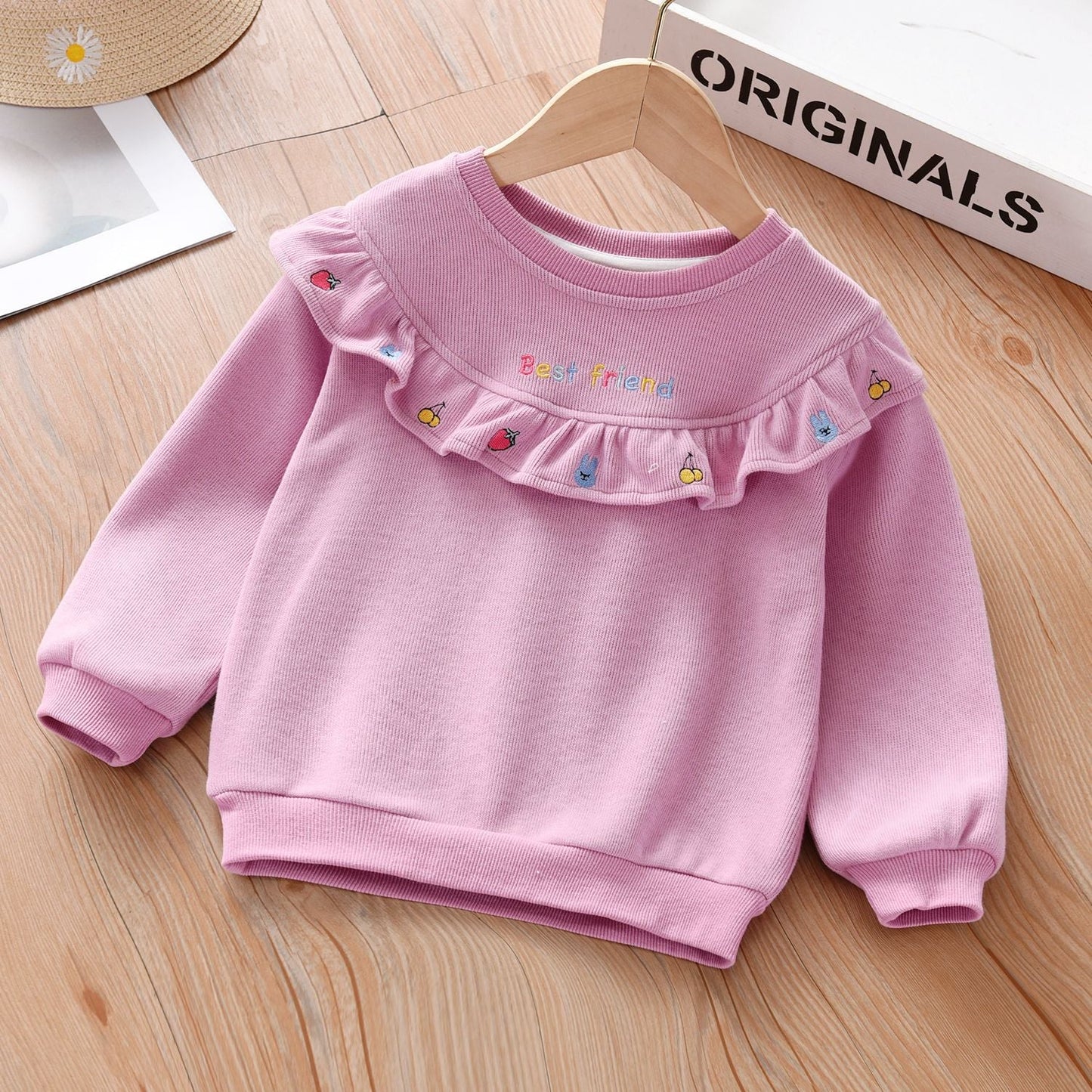 Baby Girl Fruit Embroidered Graphic Ruffle Design Corduroy Fabric Pullover Cute Hoodies