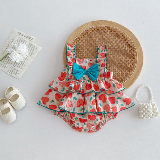 New Arrival Summer Baby Kids Girls Heart Pattern Sleeveless Big Bow Strap Onesies