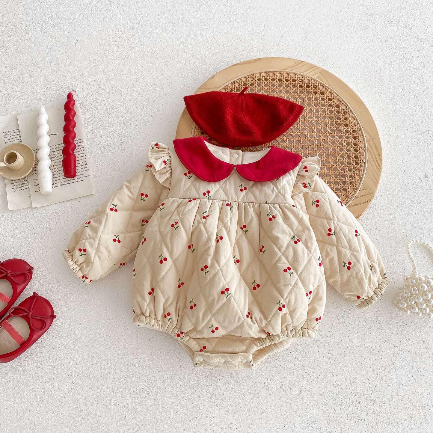 Newborn Baby Girls Cherry Pattern Long Sleeves Peter Pan Collar Cotton-Padded Onesie