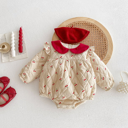 Newborn Baby Girls Cherry Pattern Long Sleeves Peter Pan Collar Cotton-Padded Onesie