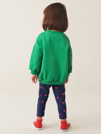 Spring And Autumn Girls Cartoon Animals Pattern Green Long Sleeves Top Sweatshirt And Heart Pattern Pants Clothing Set