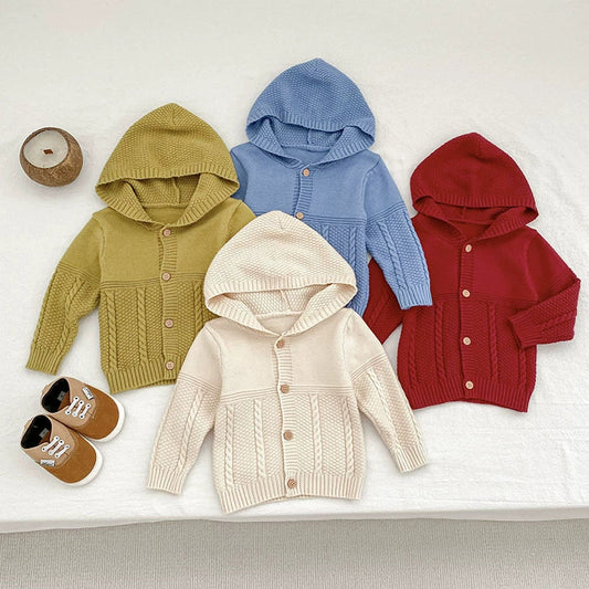 Autumn Arrival Baby Unisex Comfortable Solid Color Geometric Pattern Knitted Long Sleeves Cardigan with Hood-0