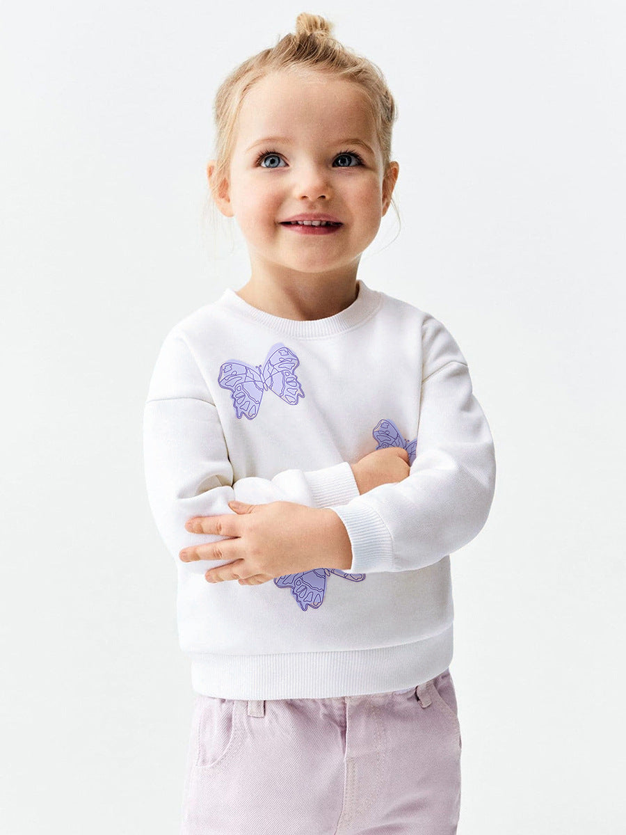Autumn Baby Kids Girls Purple Butterfly Pattern White Pullover Clothing Long Sleeves Top Sweatshirt