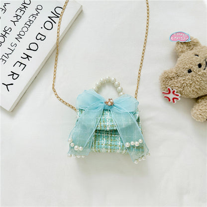 Fashionable Plaid Carry-On Girls’ Portable Mesh Bow Beaded Crossbody Handbag