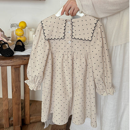 Arrival Autumn Girls Vintage Crew Neck Long Sleeves Dots Print and Flowers Embroidery Pattern Dress